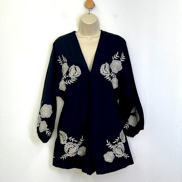 Zara Pants - Zara - Embroidered Ivory Floral Black Long Sleeve V Neck Jumpsuit Size Large